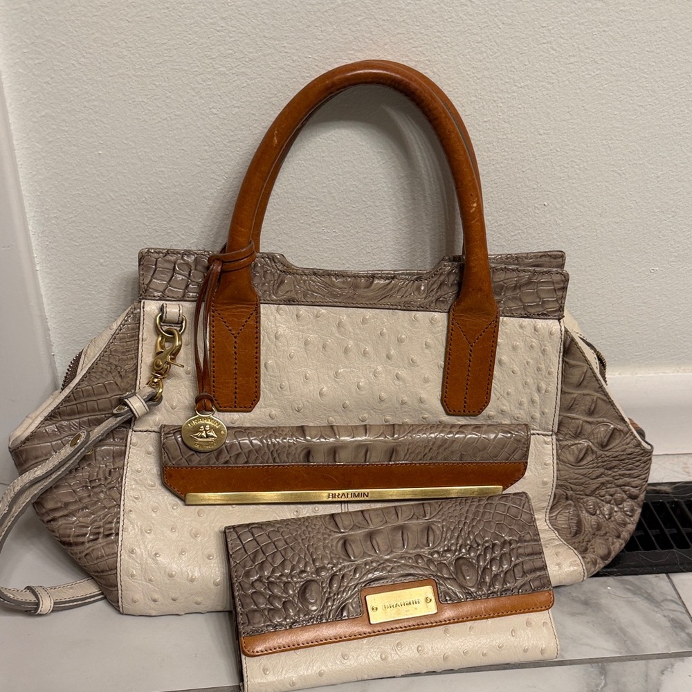 Brahmin Cream and Brown Satchel Set